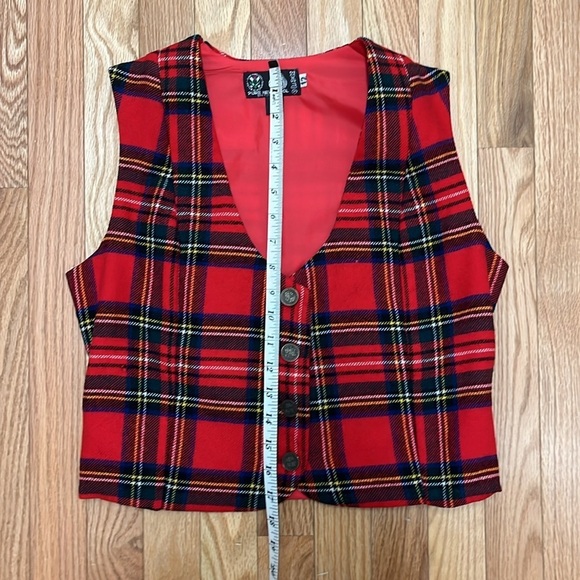 Red Plaid Sleeveless Wool Vest with Gold Buttons - size 12 - Picture 7 of 7
